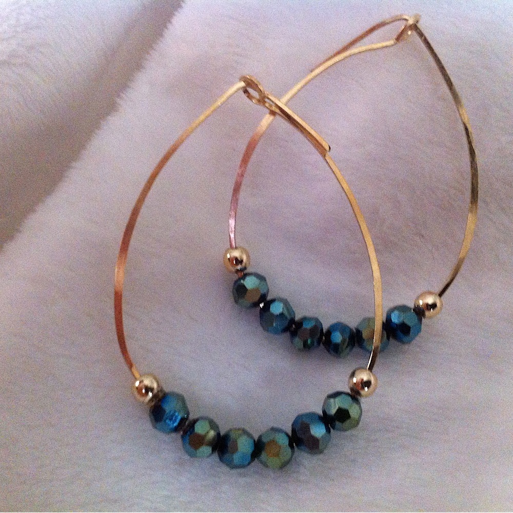 14K Gold Filled Wire Earrings with Blue Green Iridescent Crystals.